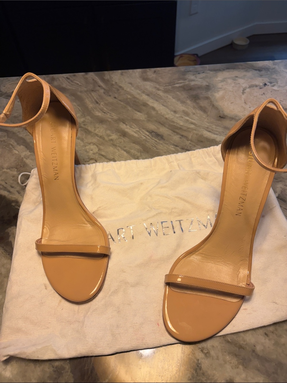 Stuart Weitzman Nude Patent Single-Strap Stiletto Sandals